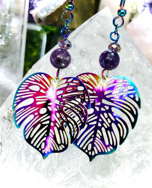 Filigree metal and lepidolite leaf earring