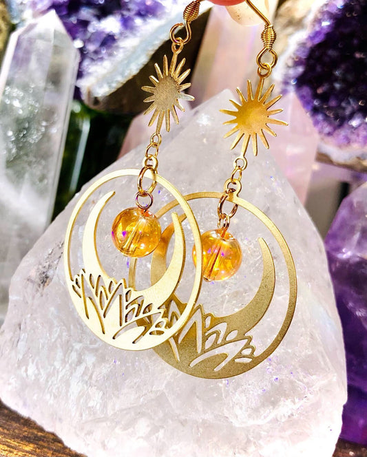 Lotus flower and fire aura quartz sunstone earring