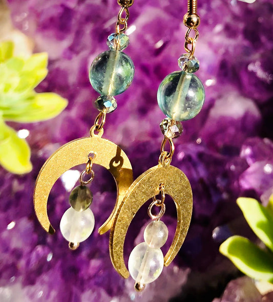 Crescent and moon phase earrings, stainless steel, brass and fluorites