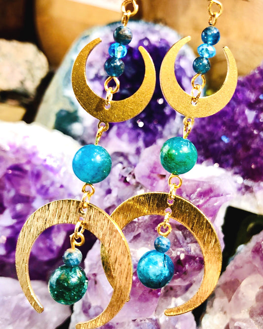 Blue apatite triple moon crescent moon earring