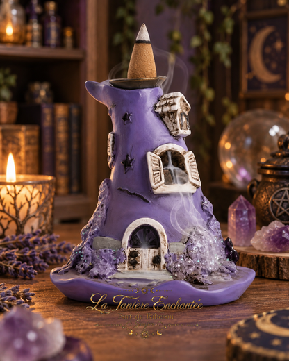 Brûleur d’encens à reflux backflow violet en forme de chapeau de sorcière, La Tanière Enchantée