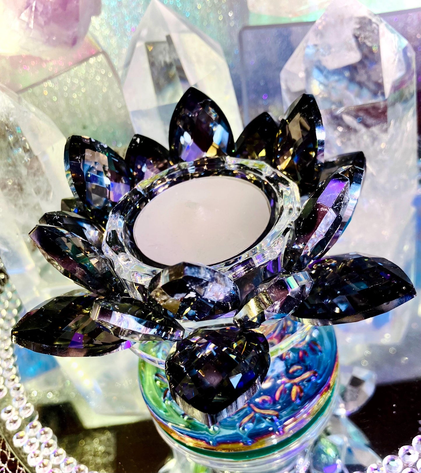 Bougeoir fleur de lotus cristal de verre noir