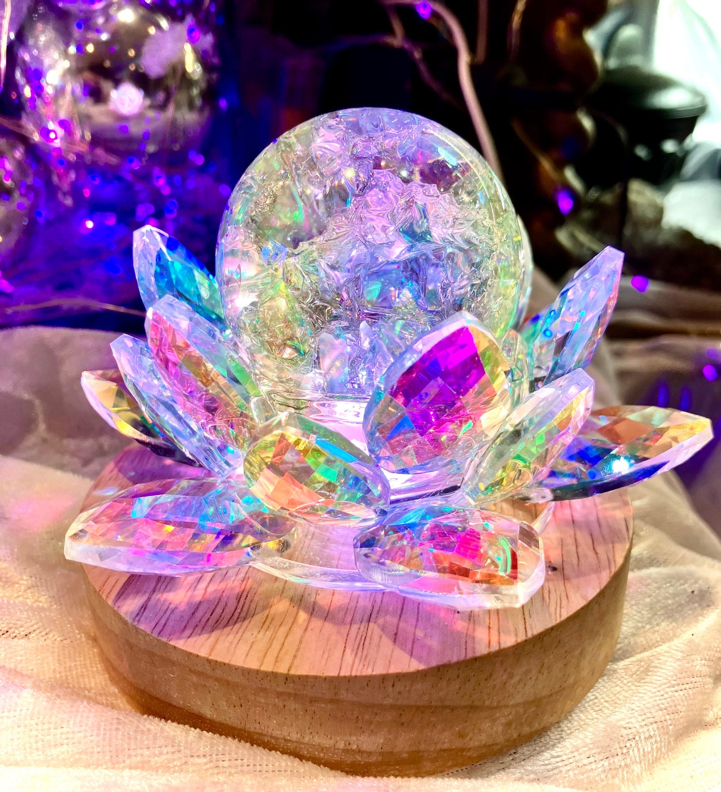 Lampe usb lotus arc en ciel cristal aura sphère craquelée