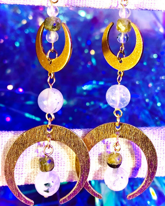 Prehnite and green garnet moon phase earring in brushed brass