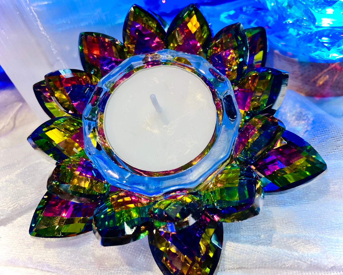 Multichrome crystal glass lotus flower candle holder