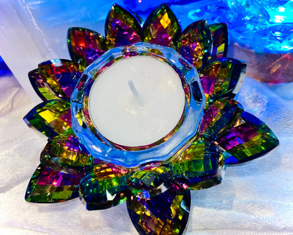Multichrome crystal glass lotus flower candle holder