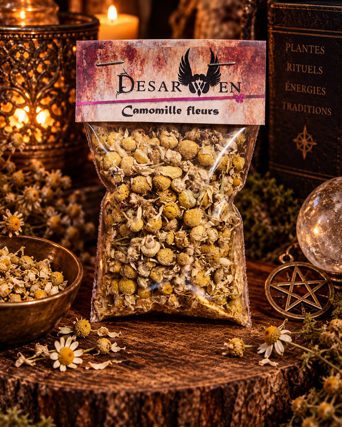 Fleurs de camomille séchées en sachet Desarwen de 7 g, décor d’apothicaire