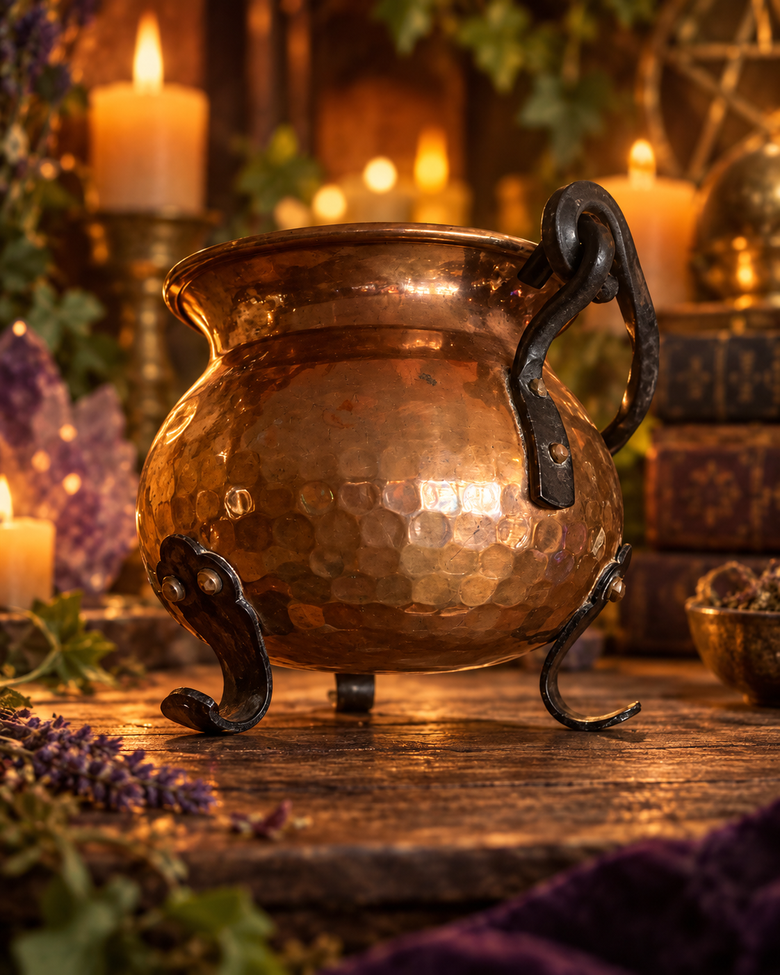 Petit chaudron ancien en cuivre brillant avec anse en métal noir