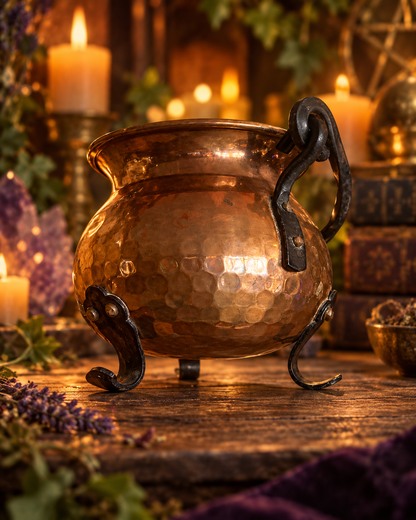 Petit chaudron ancien en cuivre brillant avec anse en métal noir