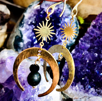 Sun, moon and celestial obsidian earring