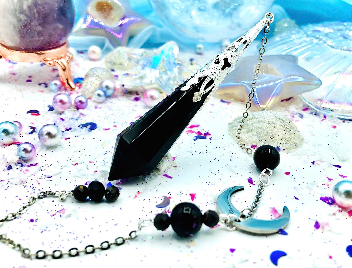 Pendule obsidienne et opales noires