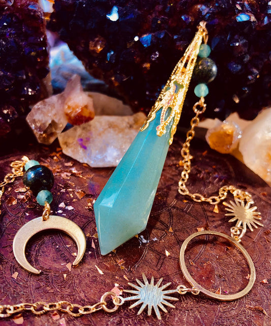 Pendule féerique aventurine verte et serpentine triple lune