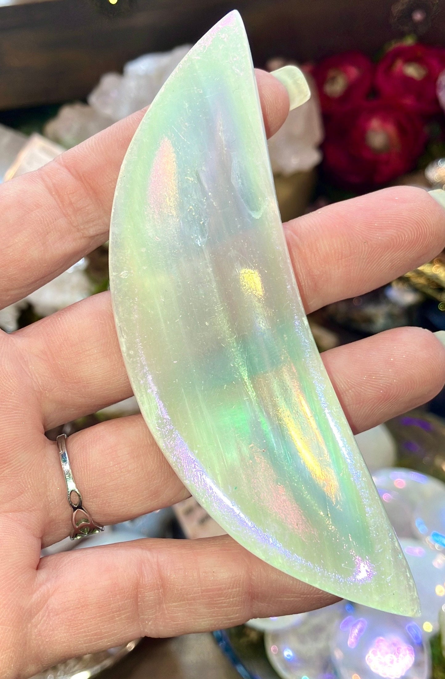 Crescent Moon in Selenite Angel Aura