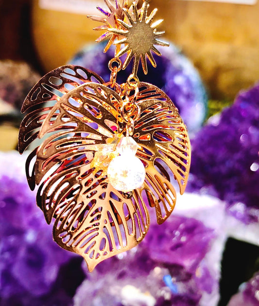 Rose gold filigree and cracked angel aura crystal leaf earring
