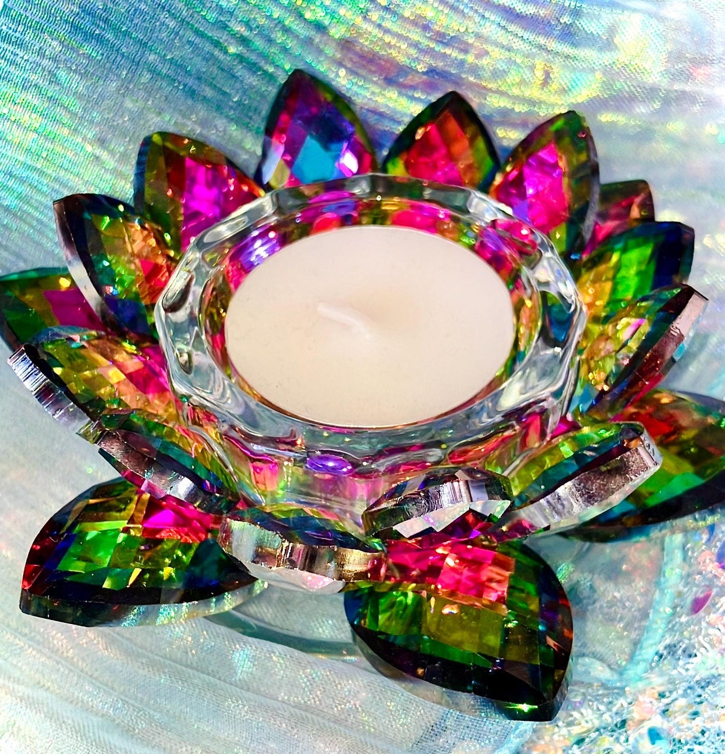 Multichrome crystal glass lotus flower candle holder
