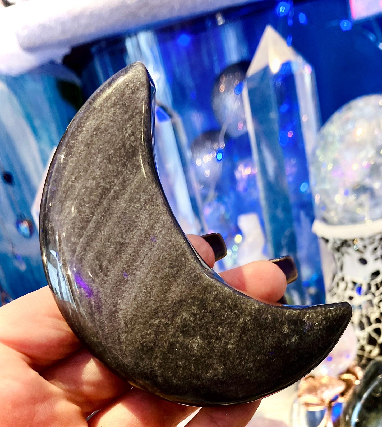 Silver Obsidian Crescent Moon