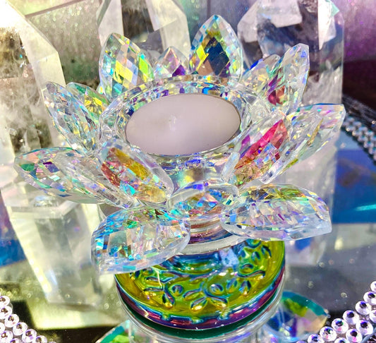 Bougeoir fleur de lotus cristal de verre aura arc en ciel