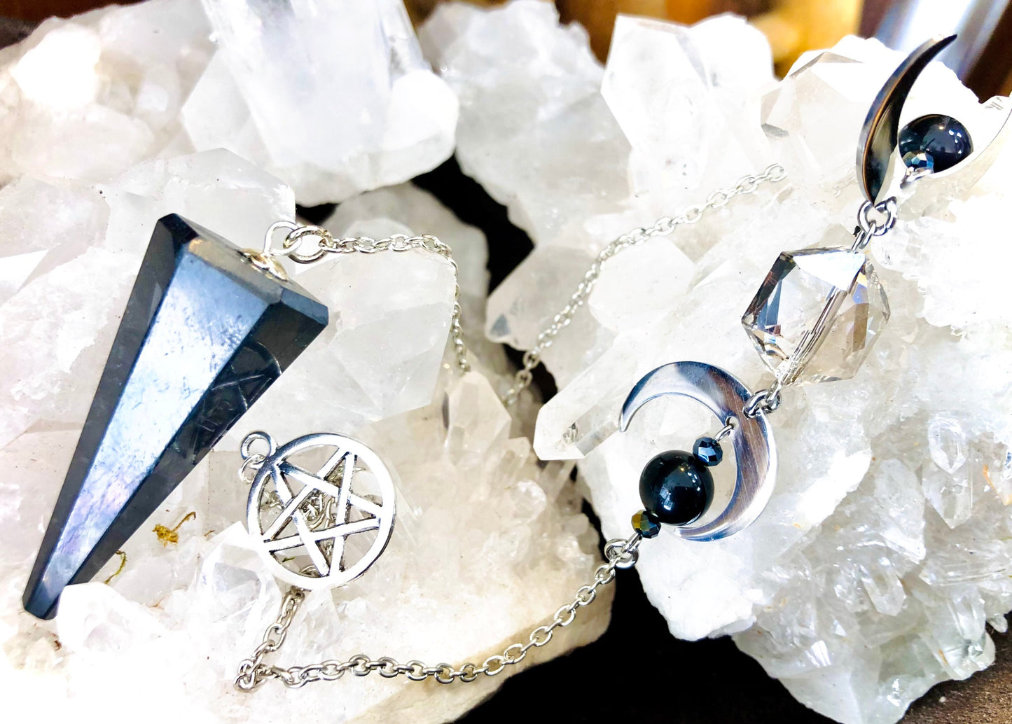 Pendule pointe en shungite et perles en obsidienne céleste pentacle protection