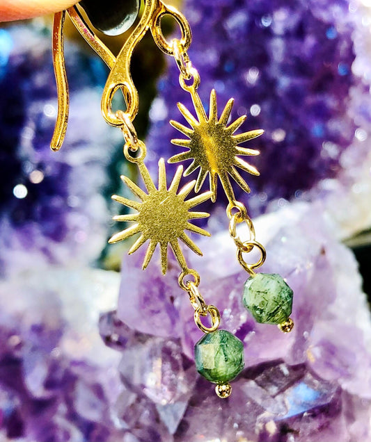 Green rutile quartz sun earring
