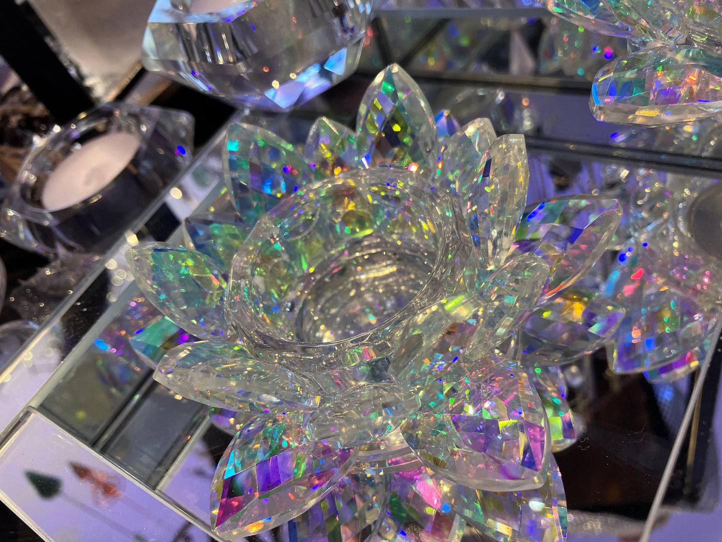 Bougeoir fleur de lotus cristal de verre arc en ciel