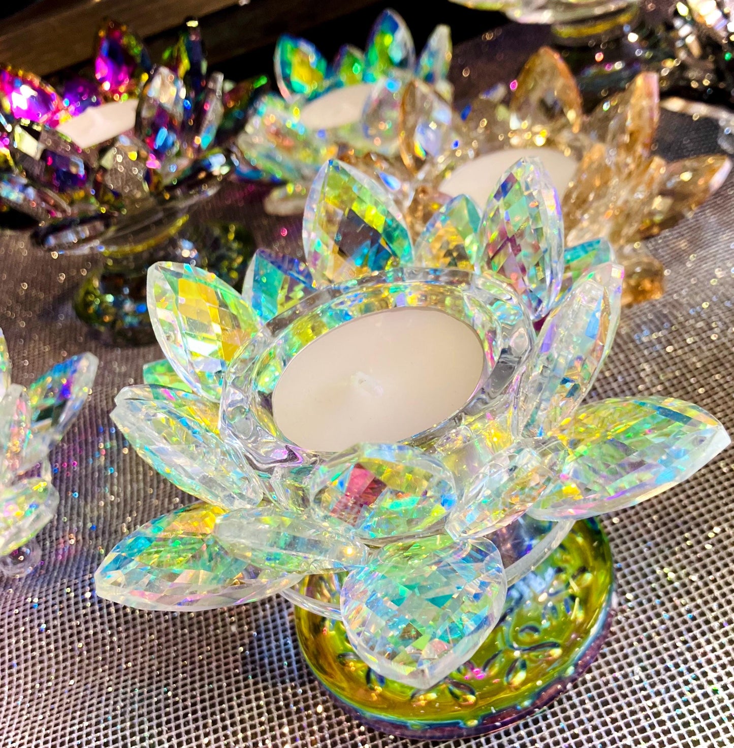 Rainbow Aura Glass Crystal Lotus Flower Candle Holder