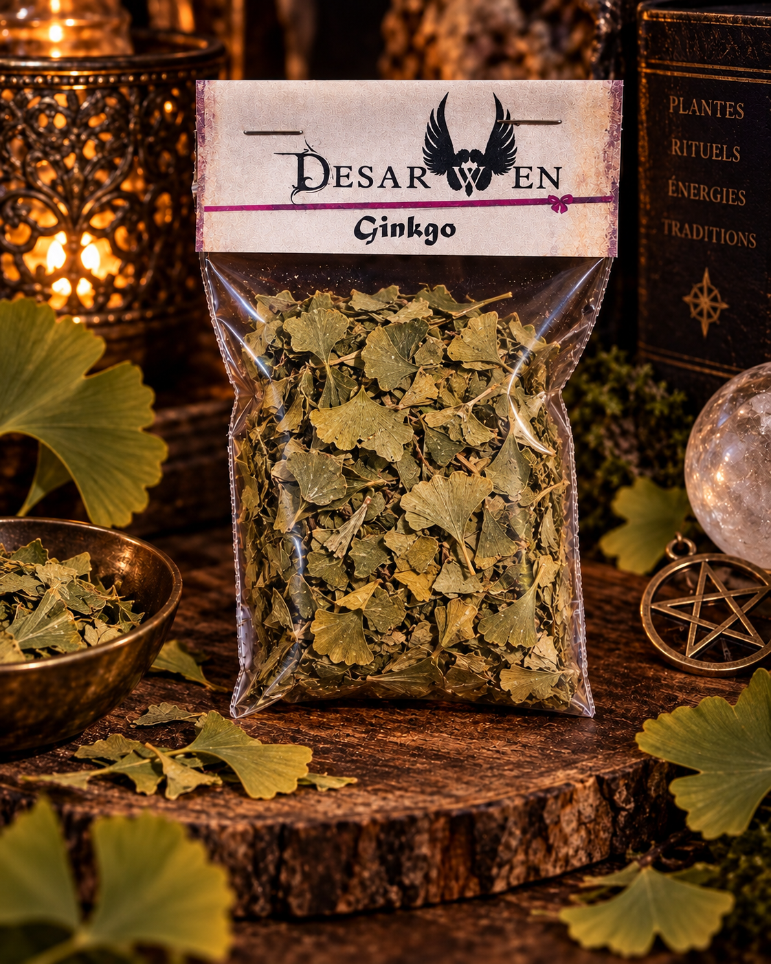 Sachet Desarwen de feuilles de ginkgo, décor d’apothicaire