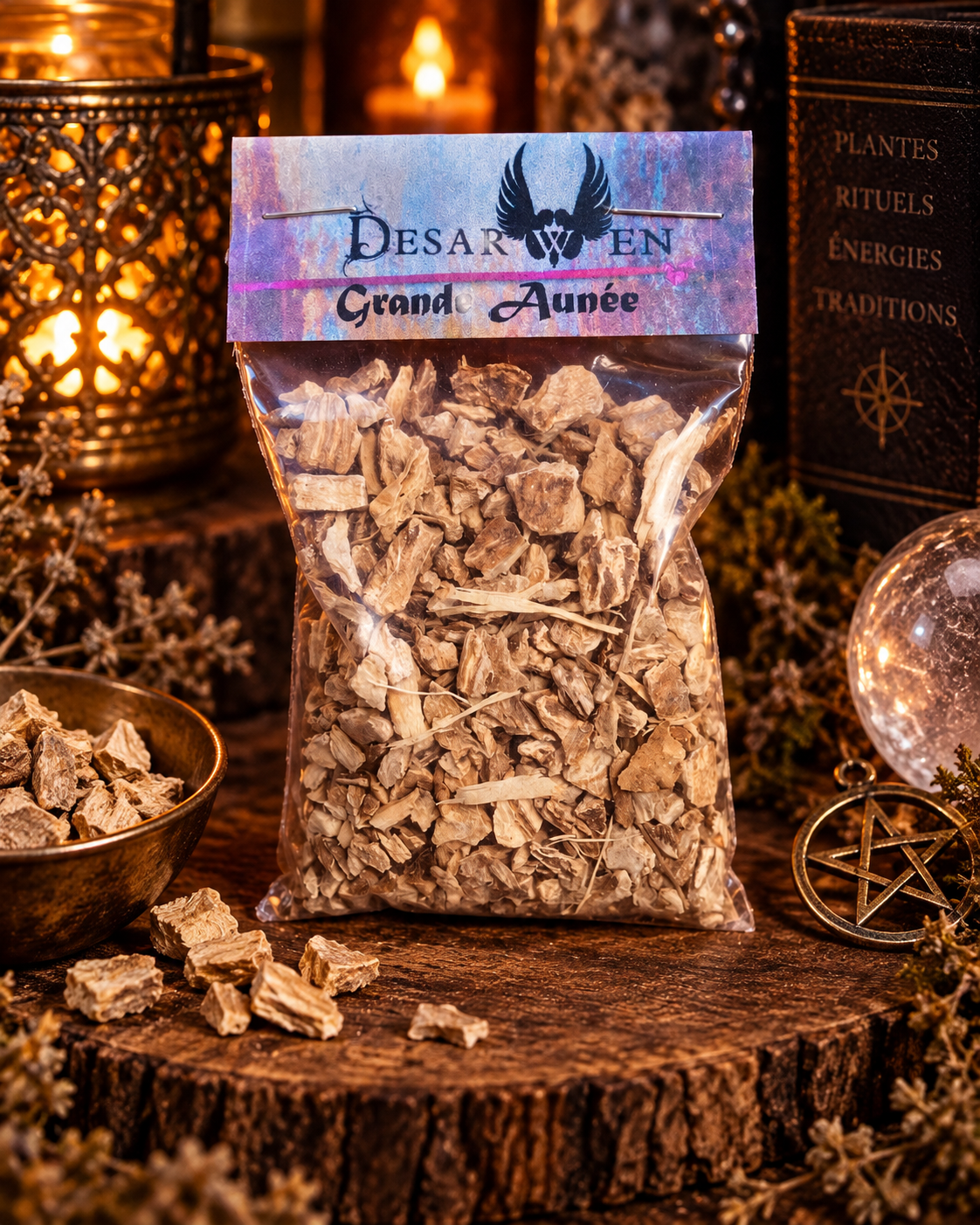 Grande aunée en morceaux de racine, sachet Desarwen de 20 g, décor d’apothicaire