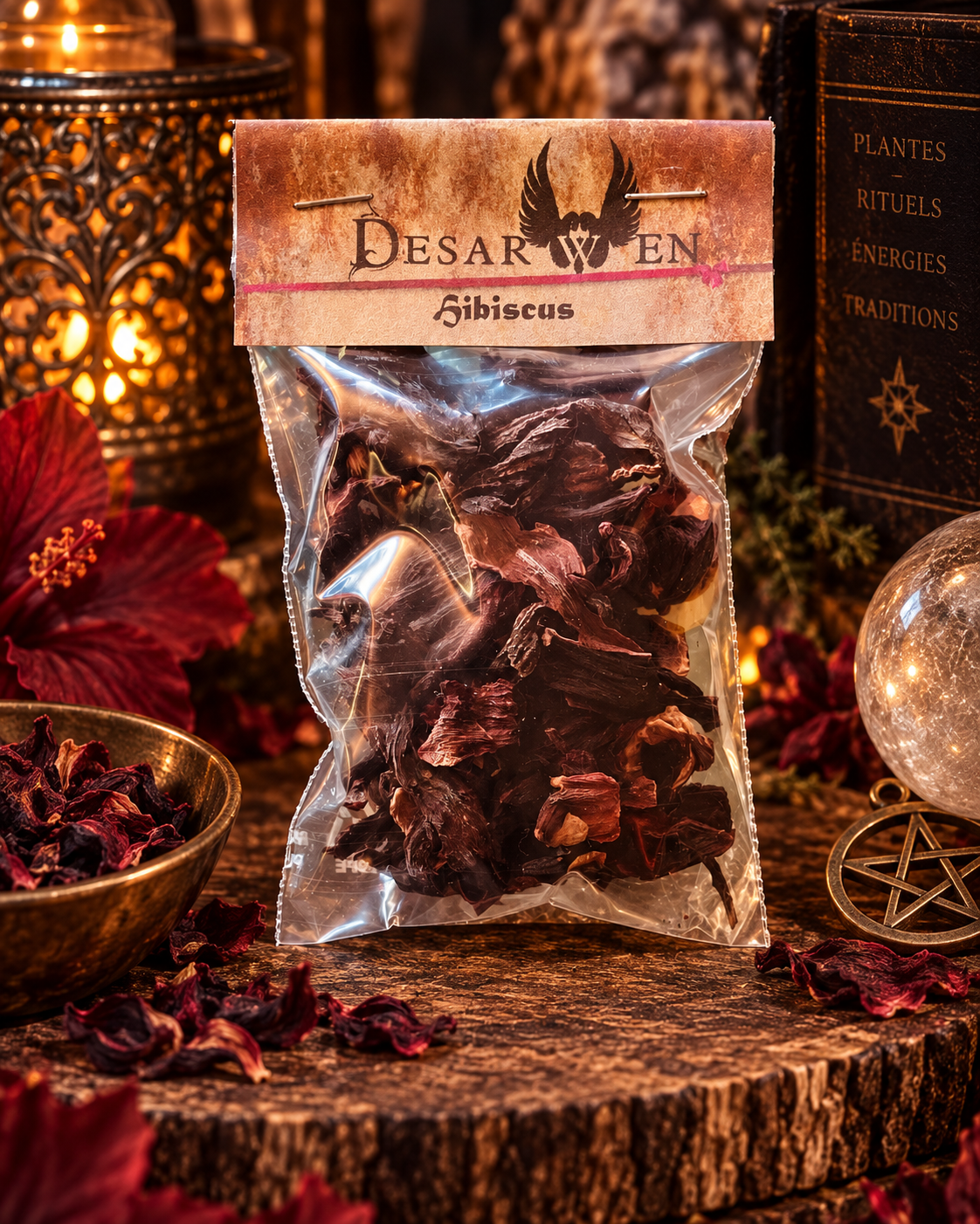 Fleurs d’hibiscus séchées, sachet Desarwen de 7 g, décor d’apothicaire