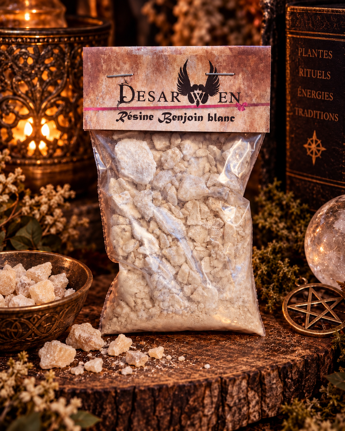 Résine Benjoin blanc en sachet Desarwen de 30 g, décor d’apothicaire