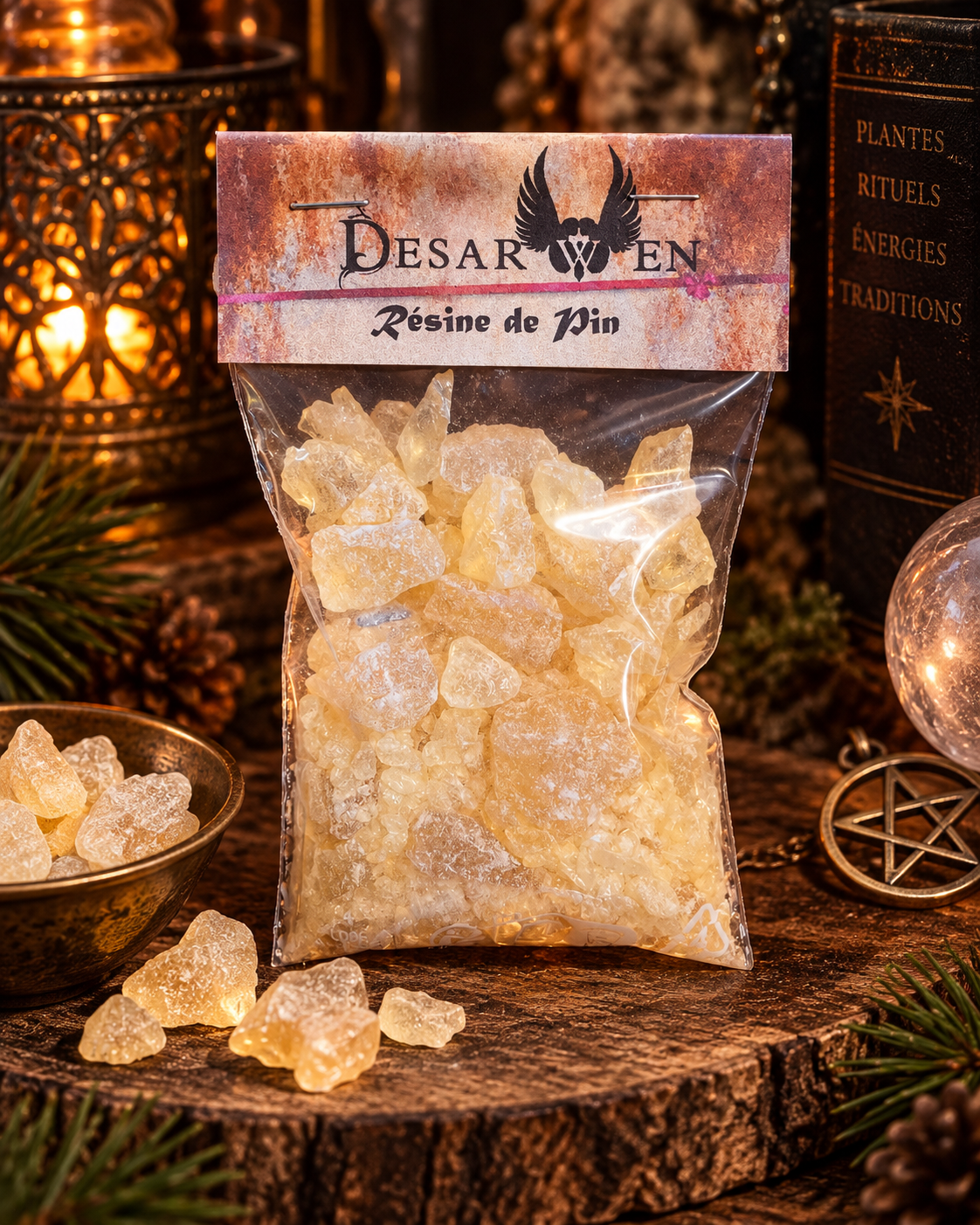 Résine de pin en morceaux, sachet Desarwen de 20 g, décor d’apothicaire