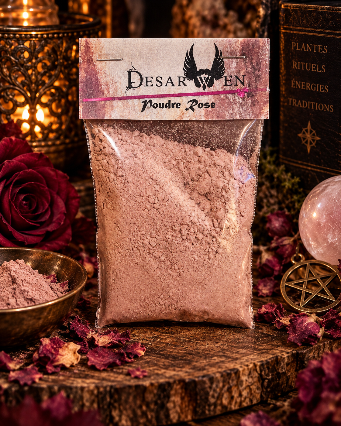 Rose en poudre Desarwen pour rituels et magie verte, sachet 10 g